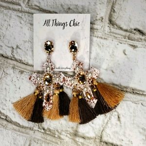 White Cross w/ brown and tan tassel earrings